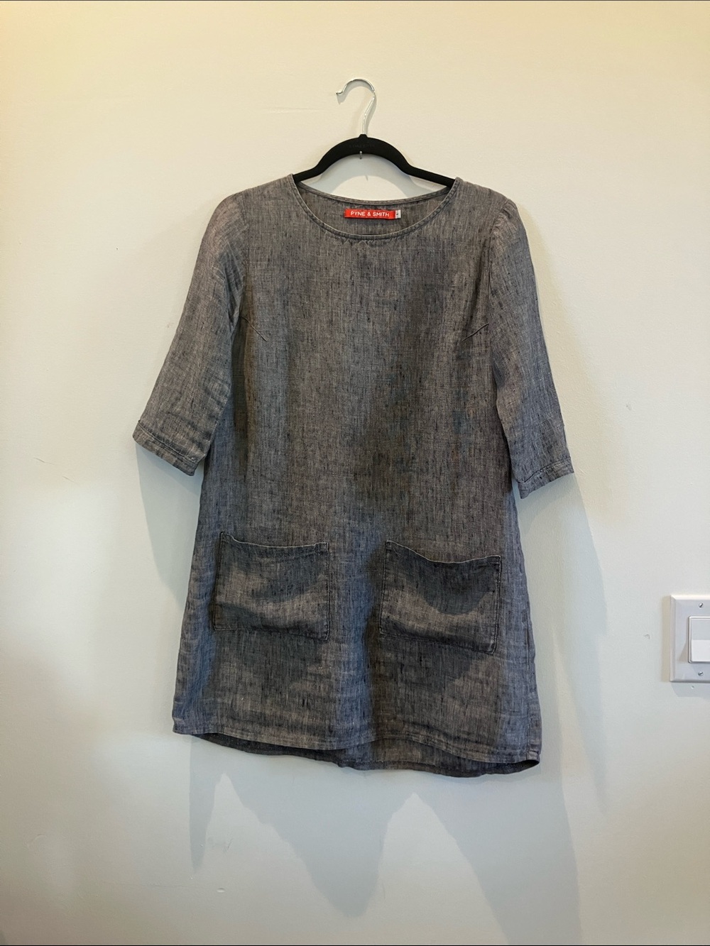 Casual Gray Linen-Blend Mini Dress with Front Pockets